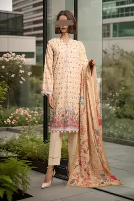 Saya Unstitched 3 Piece Printed Khaddar For Women and Girls - Color: Beige - Design code: WUNS-4035
