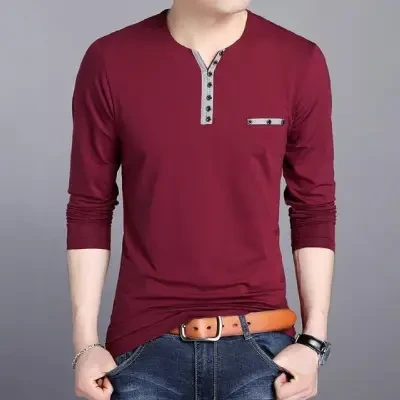 Maroon Crew Neck Button V-Style Full Sleeve T-shirt
