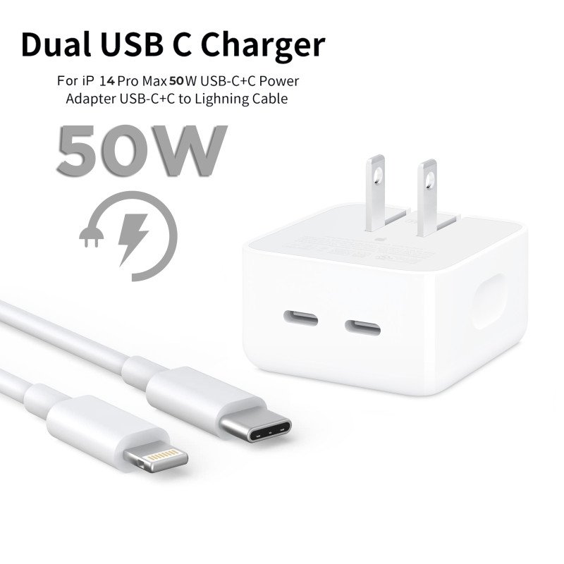 IPHONE 14 Pro 2 Pin (US PIN) 50W USB-C+C POWER Adapter With USB-C TO LIGHTINING CABLE