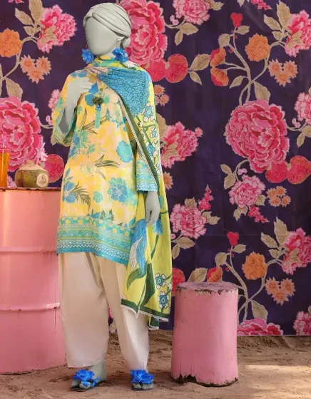 YELLOW LAWN PRINTED 3PC STITCHED | JLAWN-S-25-009