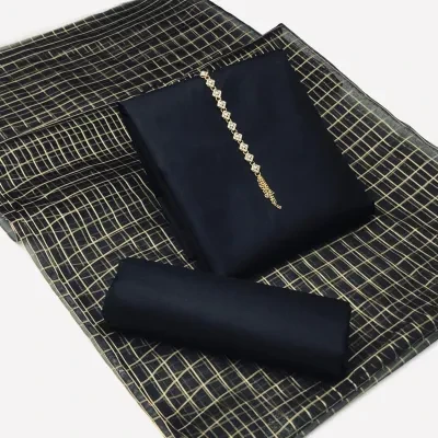 Shah Kamal Fabrics Unstitched 3 Piece Suit-Katan Silk Plain Shirt & Trouser with Organza Zari Check Dupatta For