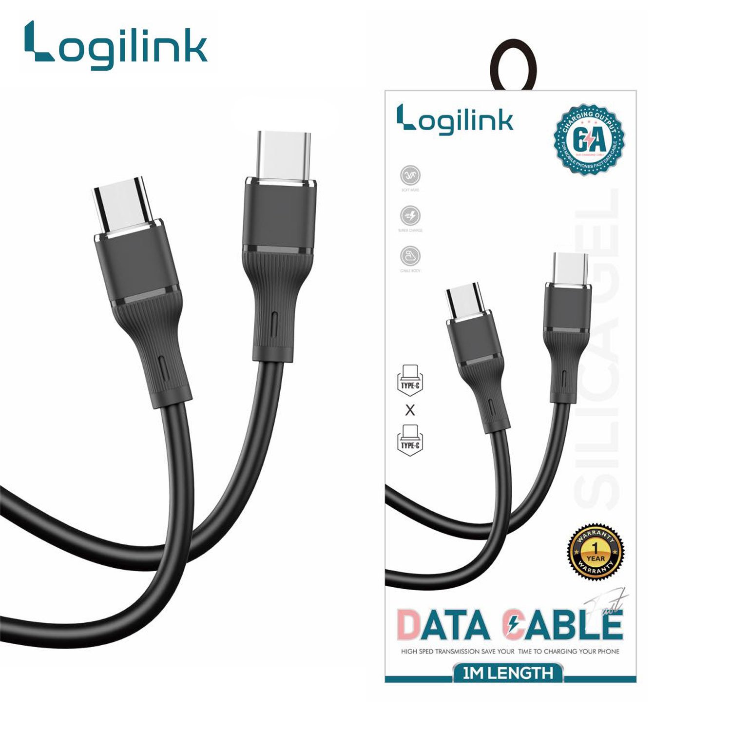 LOGILINK TYPE C TO TYPE C SILICONE FAST CHARGING DATA CABLE 1M (1 YEAR WARRANTY) BLACK
