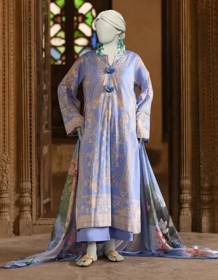 BLUE LAWN PRINTED 3PC | JLAWN-S-25-021