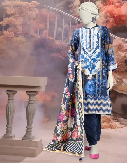 BLUE CAMBRIC PRINTED UNSTITCHED 3PC | 25-3220