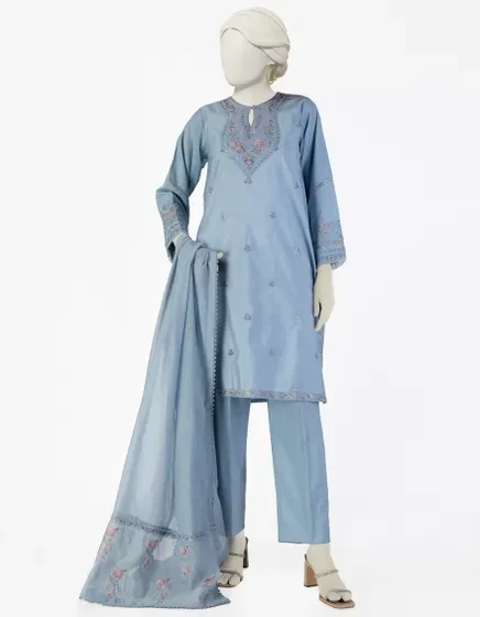 BLUE COTTON SILK EMBROIDERED 3PC STITCHED