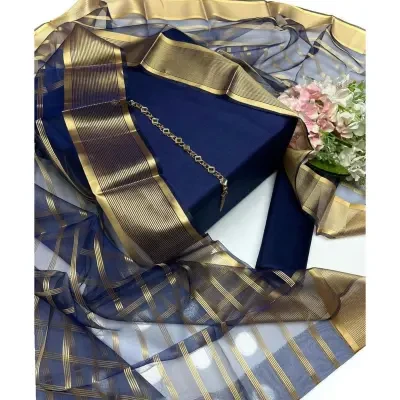 Shah Kamal Fabrics Unstitched 3 Piece Suit-Katan Silk Plain Shirt & Trouser with Organza Dupatta For Women