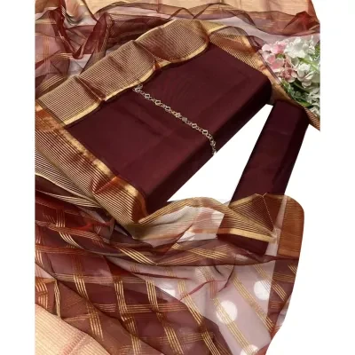 SastaaE 3 PC Unstitched Kataan Silk Plain Shirt & Trouser With Organza Lining Dupatta - Mehroon