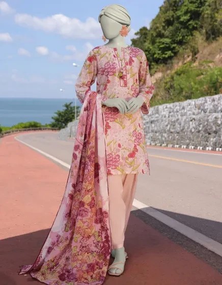 PINK LAWN PRINTED 3PC STITCHED | JLAWN-S-25-071