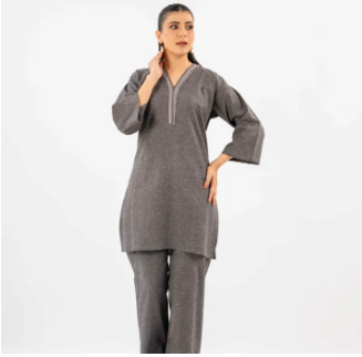 Maahru Stitched 2 PC Shirt & Trouser - Graphite Grace