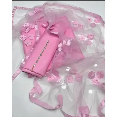 Shah Kamal Fabrics Unstitched 3 Piece Suit-Katan Silk Plain Shirt & Trouser with Net Dupatta For Ladies-Babypink