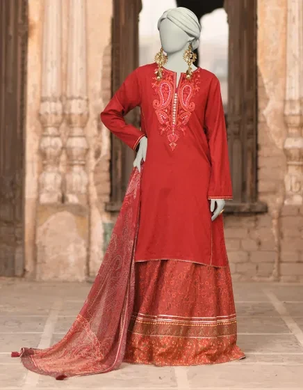 RED DOBBY EMBROIDERED 3PC | JLAWN-S-25-014