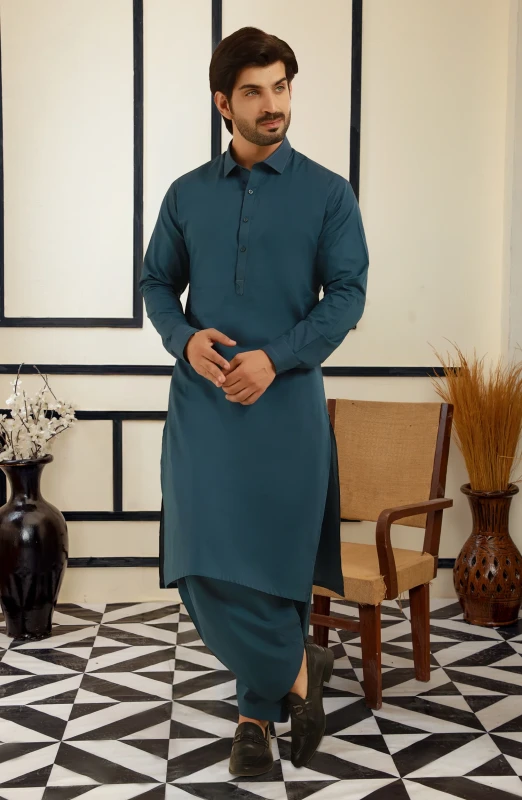 SUMMER'25 MEN KAMEEZ SHALWAR TEAL BLUE