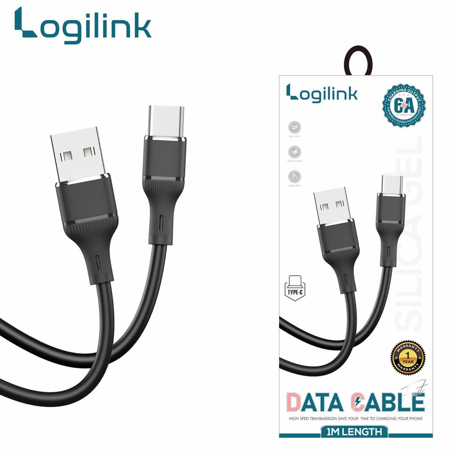 LOGILINK USB TO TYPE C SILICONE FAST CHARGING DATA CABLE 1M (1 YEAR WARRANTY) BLACK