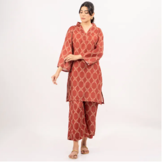 Maahru Stitched Dress for women and girls - 2 piece Shirt and Trouser - Ready to wear -Maroon Gold Shirt and Pant