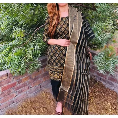 Shah Kamal Fabrics Unstitched 3 Piece Suit-Katan Silk Block Printed Shirt & Plain Trouser with Organza Dupatta For Ladies