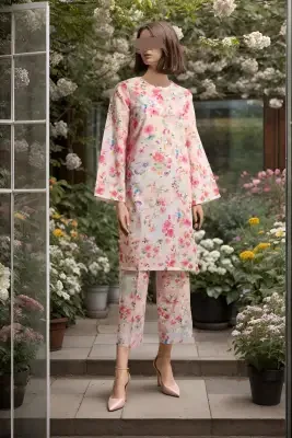 Saya Unstitched Printed Khaddar (Shirt/Trouser) 2 Piece Suit For Women and Girls - Color: White - Fabric: Khaddar - Design code: WU2P-3316 - KW: dress for women , dressess for girls