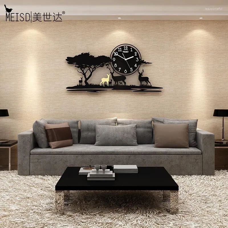 Big Wooden Grazing Deers in Meadows wall clock