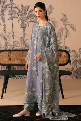 Cross Stitch Smoke Blue Unstitch 4 Piece Suit For Women and Girls - Designcode: 0124RTSEMBCHFENG0303 - Collection: Luxe Atelier