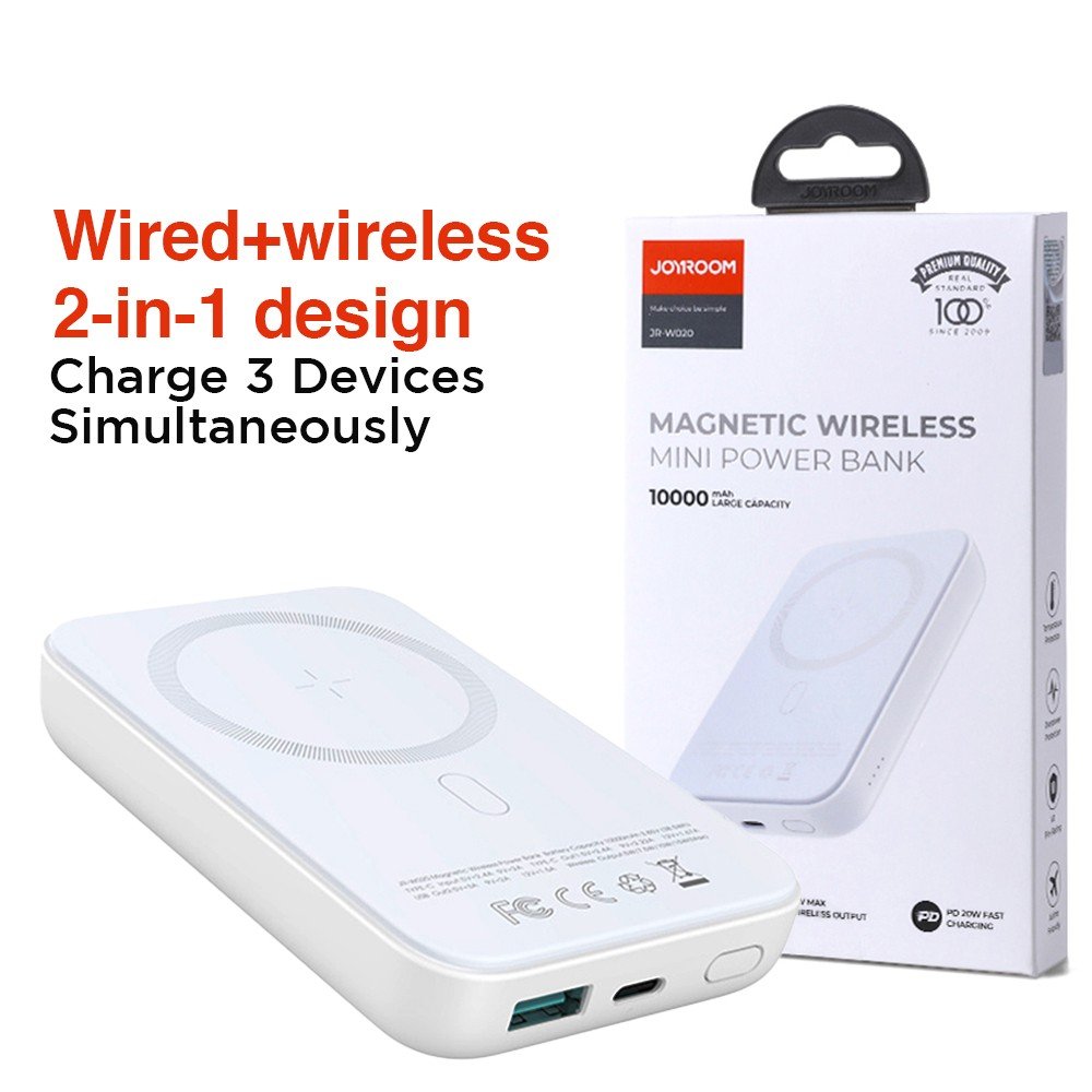 Joyroom Jr-W020 Magnetic Wired + Wireless 2-In-1 Design Wireless Power Bank 10000mah White