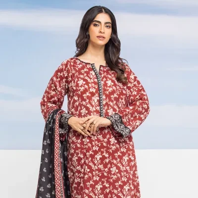 edenrobe Dark Rust Printed Lawn 3 Piece Unstitched - EWU24A1-28047-3P