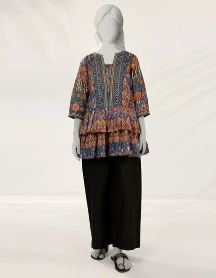 BLUE EMBROIDERED RAW SILK KURTI