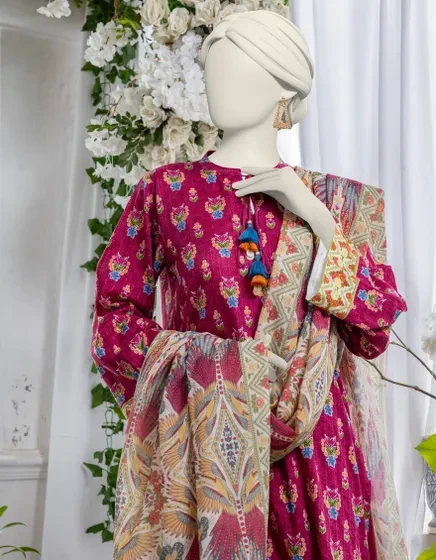 MAGENTA DOBBY PRINTED UNSTITCHED 3PC | JJLS-S-JPW-24-025