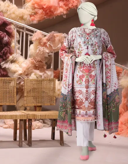 CREAM CAMBRIC PRINTED UNSTITCHED 3PC | 25-3222