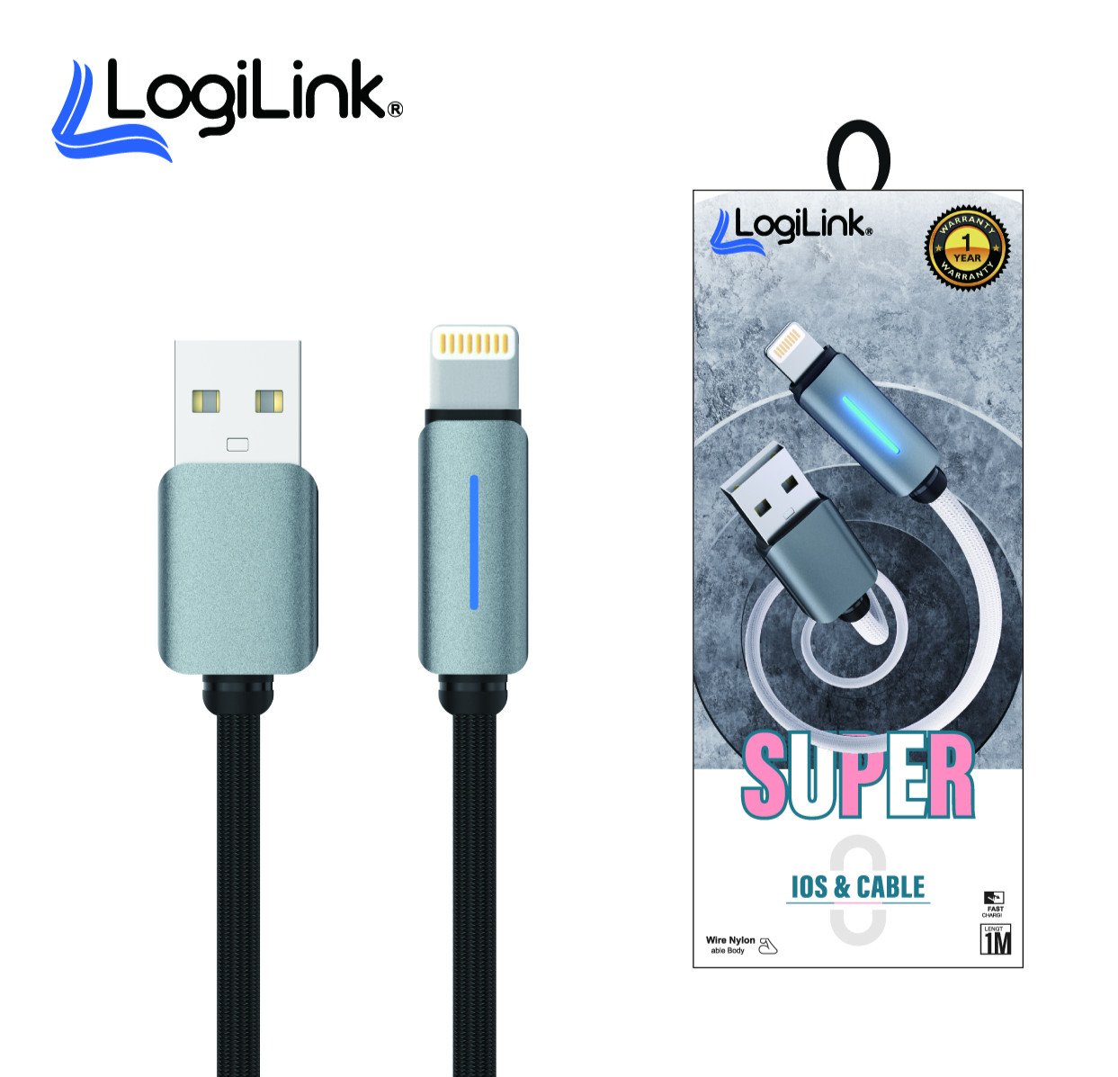 LOGILINK USB TO LIGHTNING NYLON FAST CHARGING DATA CABLE 1M 1 YEAR WARRANTY BLACK