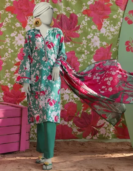 GREEN LAWN PRINTED 3PC STITCHED | JLAWN-S-25-012