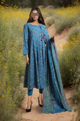 Saya Unstitched 3 Piece Printed Khaddar For Women and Girls - Color: Teal - Design code: WUNS-4068
