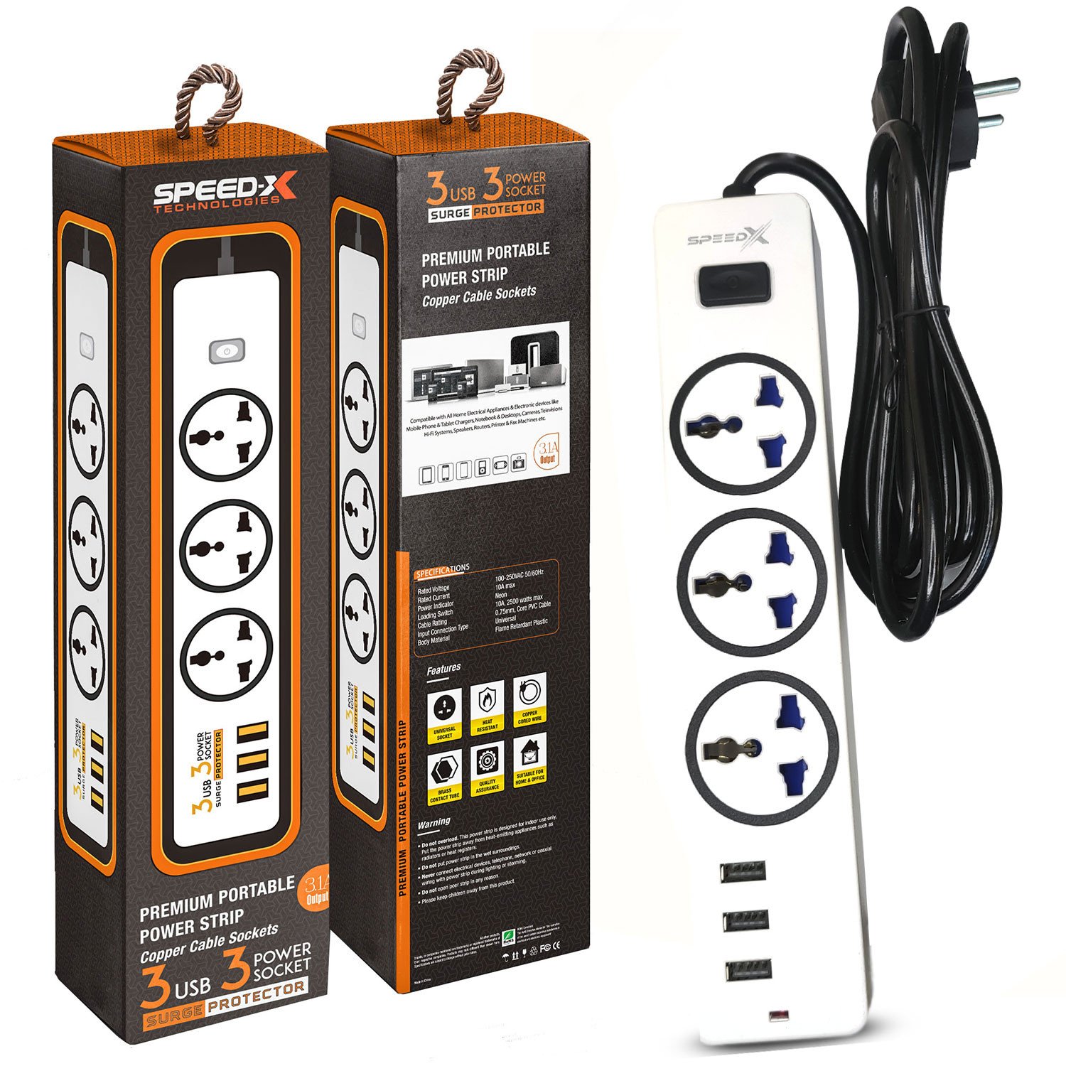 303pu Speed-X Premium Portable Power Strip 3socket+3usb Port CABEL LENGTH 2M