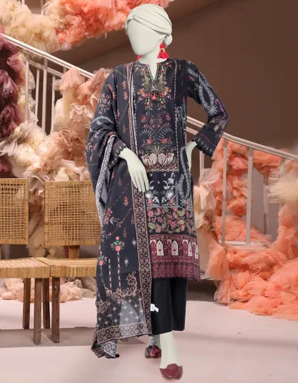 BLACK CAMBRIC PRINTED UNSTITCHED 3PC | 25-3223