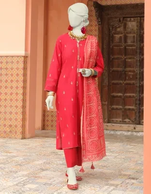 Junaid Jamshed J. Women Unstitched 2 Piece Shirt Dupattafor Women And Girls - Fabric: Jacquard - Color: Red -Collection: Eid Tehwar Edit Vol. - Designcode: Jlawn-S-Jds-24-1078