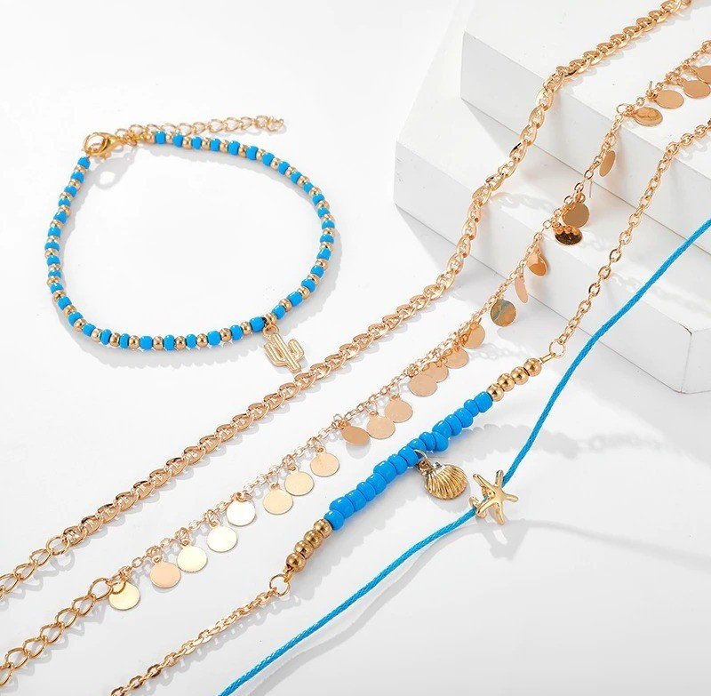 5pcs/sets Bohemian Black Rope Anklet Bracelets for Women Star