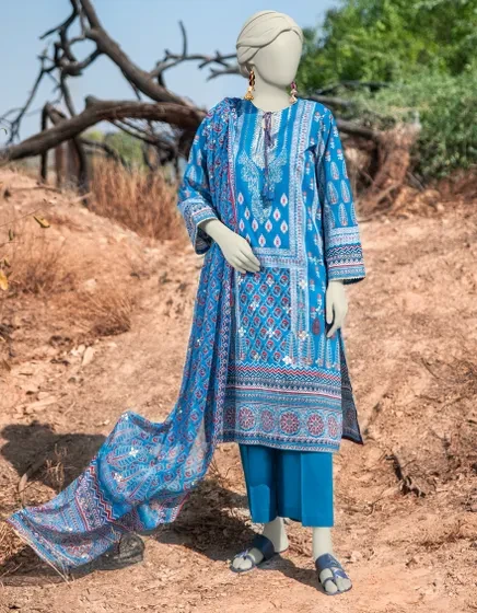 BLUE LAWN PRINTED 3PC STITCHED | JLAWN-S-25-005