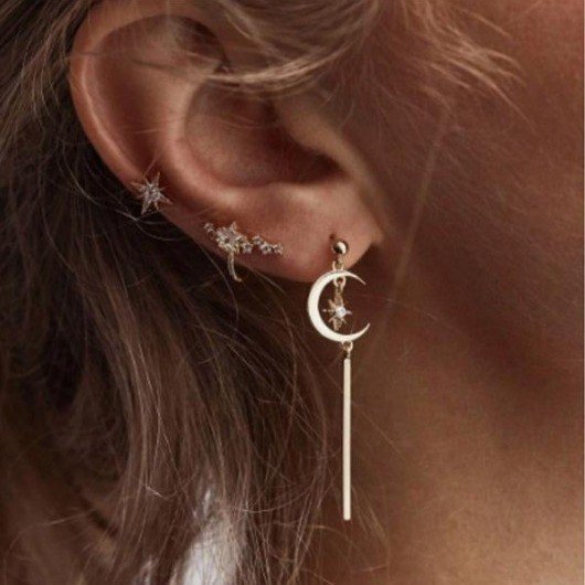 Women Gold Color Star Streamlined Tassel Long Dangle Crystal Earring Single Ear