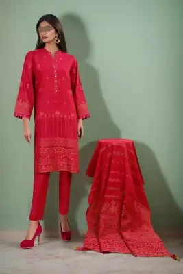 Saya Unstitched 3 Piece Jacquard Cotton 3 Piece Suit For Women and Girls - Color: Red - Fabric: Jacquard - Design code: WUNS-4161 - KW: dress for girls , dresses for women