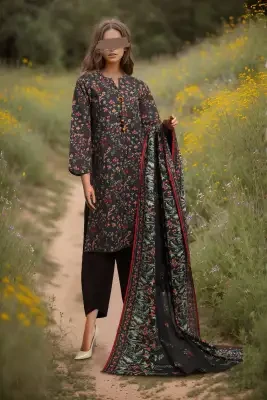 Saya Unstitched 3 Piece Printed Khaddar For Women and Girls - Color: Black - Design code: WUNS-4070