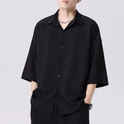 men's thin black ice silk shirt loose casual polo collar