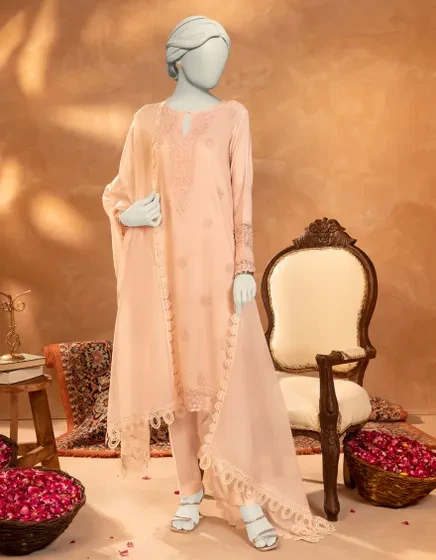 PINK COTTON NET EMBROIDERED 3PC STITCHED