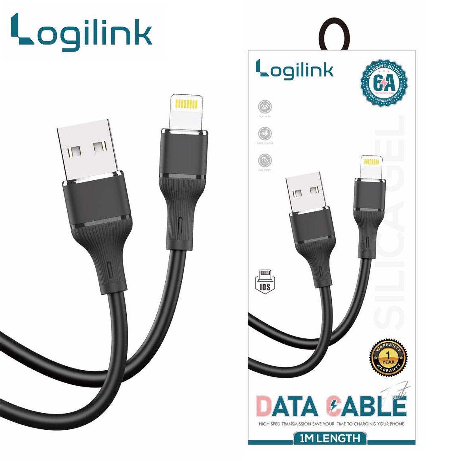LOGILINK USB TO LIGHTNING SILICONE FAST CHARGING DATA CABLE 1M (1 YEAR WARRANTY) BLACK
