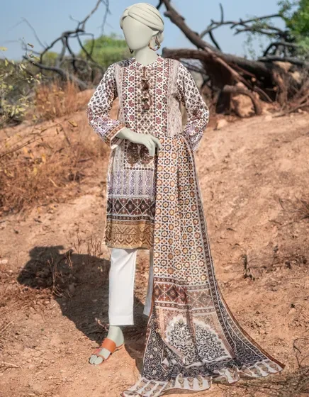 BEIGE LAWN PRINTED 3PC STITCHED | JLAWN-S-25-003
