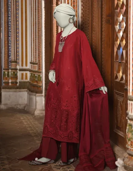 MAROON SCHIFFLI LAWN 3PC | JLAWN-S-25-044