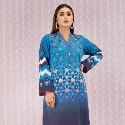 edenrobe Blue Embroidered Cotton 1 Piece Unstitched - EWU21V8-21733