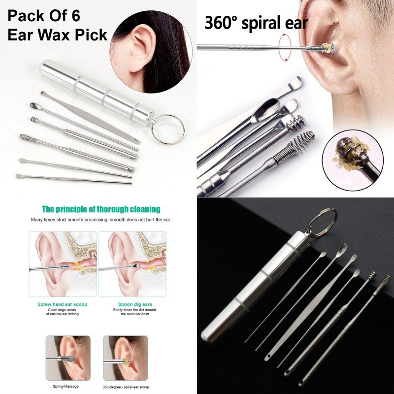 Pack Of 6 Earpick Cleaning Kit Steel Cleaner Spoon Ear Care Wax Remover Pickers Stainless Steel