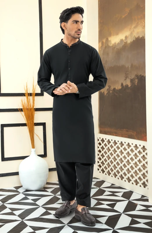 SUMMER'25 MEN KAMEEZ SHALWAR EMBROIDERED BLACK