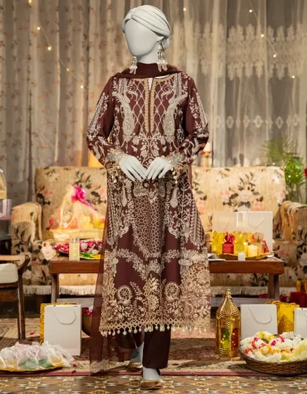 BROWN COTTON SILK EMBROIDERED 3PC STITCHED
