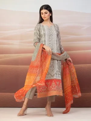 edenrobe Beige Embroidered Khaddar 3 Piece Unstitched - EWU22V12-25006