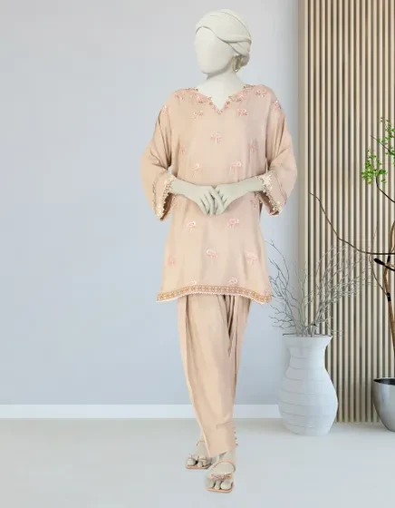 BEIGE MAPLE SILK EMBROIDERED 2PC STITCHED