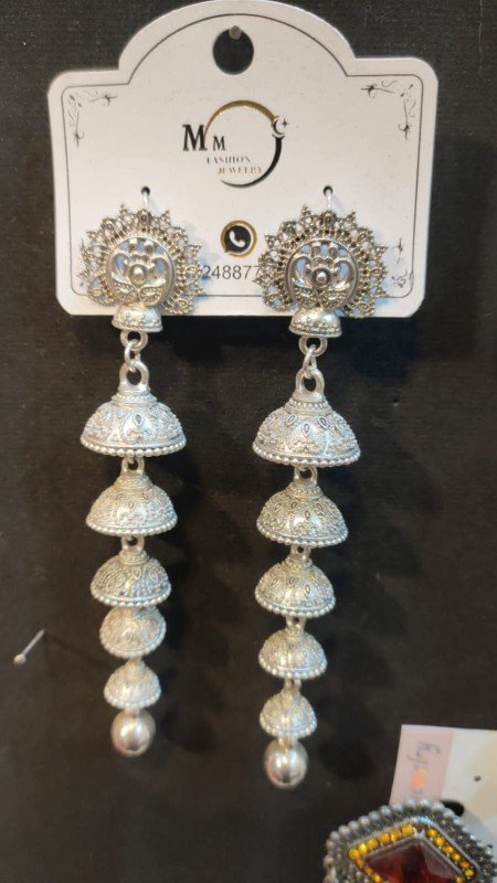 Casting White Kashimiri Oxidized Triple Layer Earrings